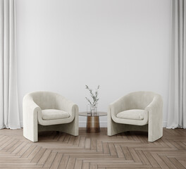 Empty white wall with armchair and coffee table on wooden floor. 3d rendering of interior living room