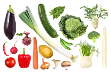 Organic vegetables sorted by color, transparent background