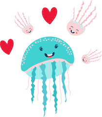 Cute, funny ocean jellyfish in cartoon style, set medusa and red hearts, design, flat vector illustration, isolated on white.