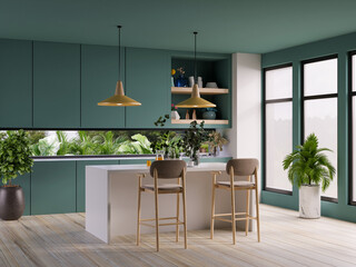 Modern style kitchen interior design with dark green wall.