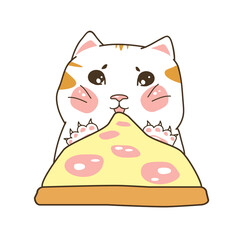 Funny cat eats pizza. The character is a fat kitten. - 548281718