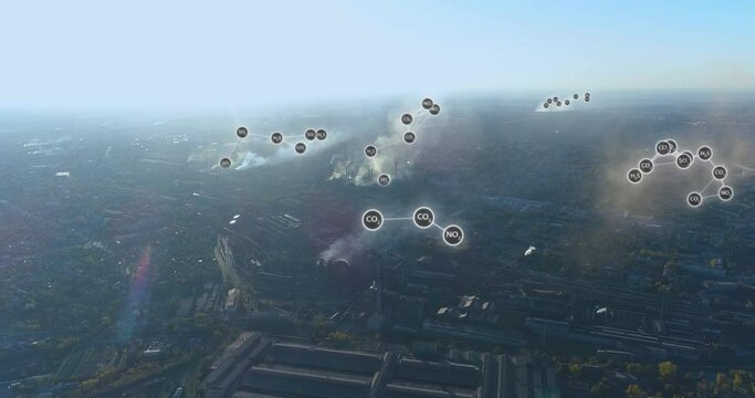 Environmental pollution concept. Visualization of hazardous emissions from the plant's chimney. Emissions from the factory chimney. Flight around the factory chimney with smoke.