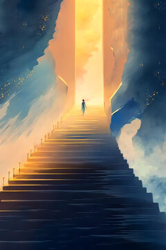 Christian worship. Stairs to heaven. Ink style. Digital art image.