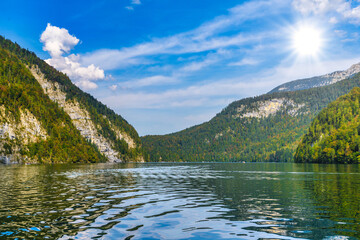 Koenigssee lake with Alp mountains, Konigsee, Berchtesgaden National Park, Bavaria, Germany