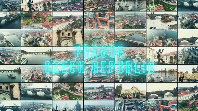 Prague, Czech Republic text. Prague, Czech Republic multiscrean. Prague aerial view collage