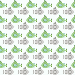 Vector seamless pattern with submarine.Underwater cartoon creatures.Marine background.Cute ocean pattern for fabric, childrens clothing,textiles,wrapping paper