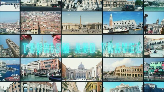Travel and tourism. Travel multiscreen. Italy video-wall. Italy split screen collage. Italy multiscreen collage.
