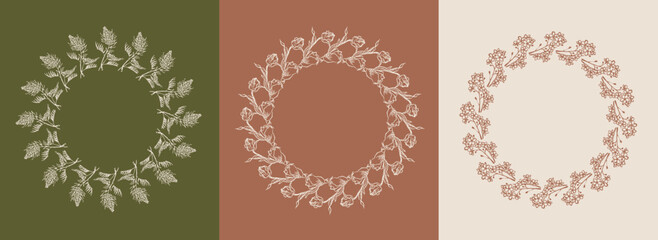 Vector set of design elements and botanical illustrations in simple linear style. Boho arch logo design elements and frames for social media stories and posts