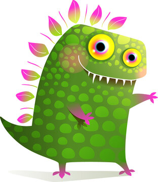 Cute little green monster or dragon for kids. Playful baby dinosaur fictional character design. Children cartoon of a toothy friendly creature. Vector colorful illustration for children.