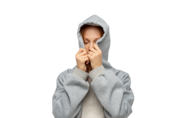 Cool ginger teenager girl in depression. Wear hoodie, closing face, sad young woman isolated png over white background. Adolescence social problems of growing up. Copy space. PNG