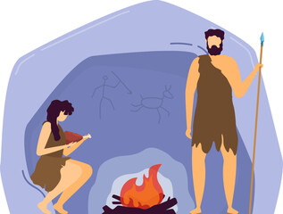 Fototapeta premium Character male female caveman, barbarian family rest cavern isolated on white, flat vector illustration. Warrior man hand hold ancient spear.