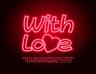 Naklejka premium Vector bright Greeting Card With Love! Red glowing Font. Neon Alphabet Letters and Numbers set