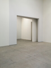 View of a wide space with large door and white walls