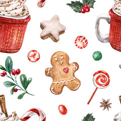 Watercolor Christmas pattern. Seamless holiday designer paper with red mug, gingerbread cookies, and holly berry on white background.