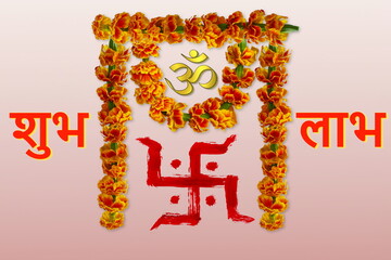 indian hindu religious spiritual symbol swastik or swastica and  Shubh Labh (Means Good Luck)use for blessing,luck,god worship,marriage,ganesh puja and other religion work,colorful background - obrazy, fototapety, plakaty