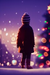 Obraz premium AI-generated Image Of A Little Boy Looking At The Big City Christmas Lights
