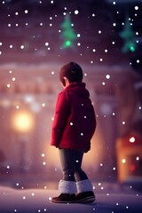 Naklejka premium AI-generated Image Of A Little Boy Looking At The Big City Christmas Lights
