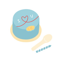 Bitten off birthday bento cake with celebration candle and spoon