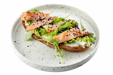 Open sandwich with salted red fish, and micro-greens. A healthy and easy snack or breakfast option.