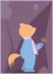 Сolorful fox dressed in warm clothes on an winter late evening. The fox is listening to the sound of the star that is shining in its paws. Background includes lighting candle, tree, snow