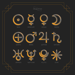 Solar system zodiac horoscope astrological thin line label linear design esoteric stylized elements symbols signs. Vector illustration icons