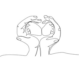 Mom s hands hold the legs of a newborn one line art. Continuous line drawing of motherhood, family, endless love, child, mother s day, baby feet, tenderness.