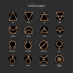 ASTROLOGY ELEMENTS zodiac horoscope thin line label linear design esoteric stylized elements symbols signs. Vector illustration icons