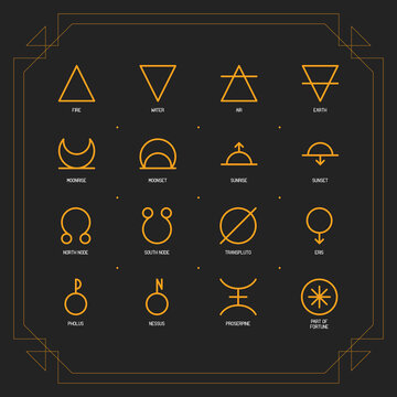 ASTROLOGY ELEMENTS zodiac horoscope thin line label linear design esoteric stylized elements symbols signs. Vector illustration icons