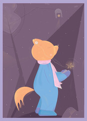Vector colorful fox dressed in warm clothes on an winter late evening. The fox is listening to the sound of the star that is shining in its paws. Background includes lighting candle, tree, snow