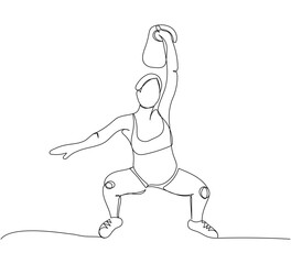 Pregnant woman doing strength exercises one line art. Continuous line drawing of pregnancy, sports kettlebell, motherhood, fitness, preparation for childbirth, strength training.