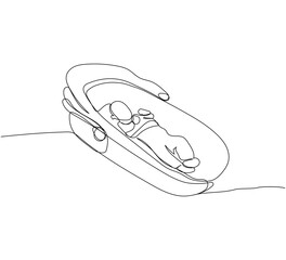 Baby in a carrier one line art. Continuous line drawing of child, childhood, boy, girl, safety, protection, car, transportation, swaddling, warmth.