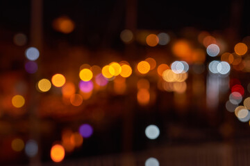 Blurred bokeh of glowing bulbs. Full frame blurred lights and reflections background. Xmas...