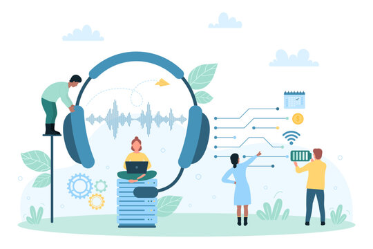 Customers support service vector illustration. Cartoon tiny team of call center operators holding big headphones with microphone and talking with clients, online work of technical assistants