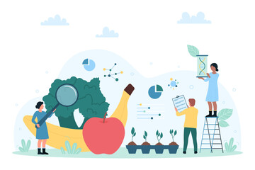 Scientific research and analysis of agriculture food products in laboratory vector illustration. Cartoon tiny characters analyzing fruit and vegetables with magnifying glass. Farm, science concept