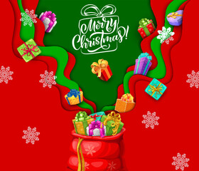 Christmas paper cut gifts bag with snowflakes and waves of presents. Vector greeting card with 3d layered effect, red and green layouts, snow flakes, colorful presents, Merry Christmas lettering