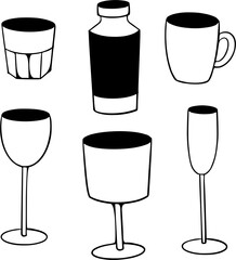 set of black and white mugs and glasses isolated on white background