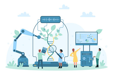 Biotechnology, futuristic science research vector illustration. Cartoon tiny people engineering green plant from helix of DNA, using robots and scientific laboratory equipment for lab biotech tests