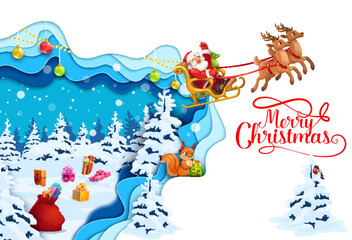 Christmas paper cut flying santa sleigh over the snowy forest. Vector 3d papercut layered effect card with funny cartoon Father noel riding sled in sky with snow, cute squirrel and xmas holiday gifts