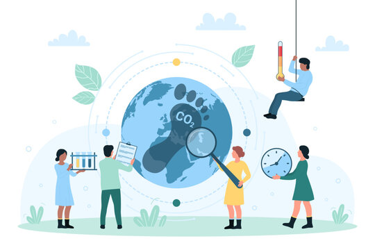 Carbon Footprint Effect Analysis, Environmental Pollution With CO2 Vector Illustration. Cartoon Tiny People Analyze Impact Of Greenhouse Gas On Environment And Global Eco Balance Of Planet Nature