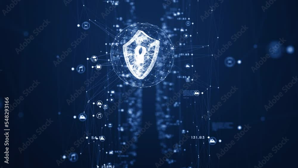Poster cyber security of digital data network protection. shield with keyhole icon on digital network backg