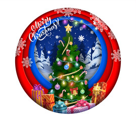 Christmas round paper cut banner, holiday pine tree and gifts in winter forest, vector double exposition. Merry Christmas greeting card in paper cut or cutout layers with Santa gifts and snowflakes