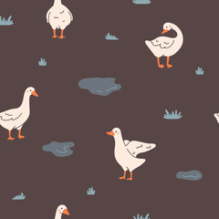 Trendy pattern with cute white gooses, puddles and grass. Seamless scandinavian geese pattern. Vector domestic goose background. Funny rustic print. Vector illustration.