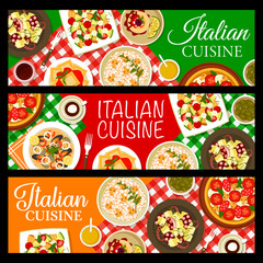 Italian restaurant meals banners. Pizza Diavola, meat ravioli with tomato sauce and tomato mozzarella salad Caprese, mushroom risotto, cake Cassata and seafood spaghetti pasta, octopus potato salad