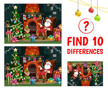 Find ten differences. Christmas interior with santa in chair near fireplace. Vector kids game worksheet with cartoon Father Noel and Gnome characters. Educational children riddle, leisure activity