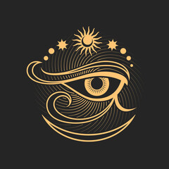 Horus eye with moon and stars, alchemist symbol, alchemy witchcraft icon. Vector magic doodle of ethnic amulet, occultism vision prediction sign - obrazy, fototapety, plakaty