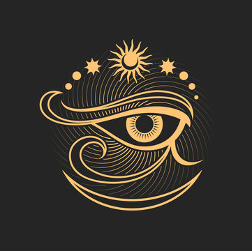 Horus eye with moon and stars, alchemist symbol, alchemy witchcraft icon. Vector magic doodle of ethnic amulet, occultism vision prediction sign