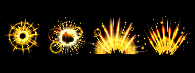 Magic explosive circle, vector gold game sparkle, yellow radial light effect, electric glow flare. Sun energy boom set, big bang cosmic concept, radiance rays on black. Explosive circle abstract art