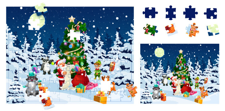 Christmas jigsaw puzzle game pieces, holiday landscape with cartoon santa and animal characters. Vector logic quiz worksheet find detail that fell out of picture with xmas personages in night forest