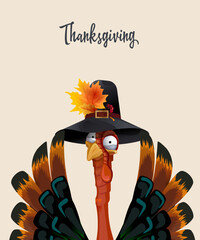 Fototapeta na wymiar Thanksgiving greeting card with funny turkey in pilgrim hat decorated with autumn leaves and berries with colorful feathers and beautiful tail