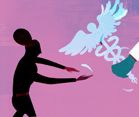 Hand taking caduceus symbol away from woman